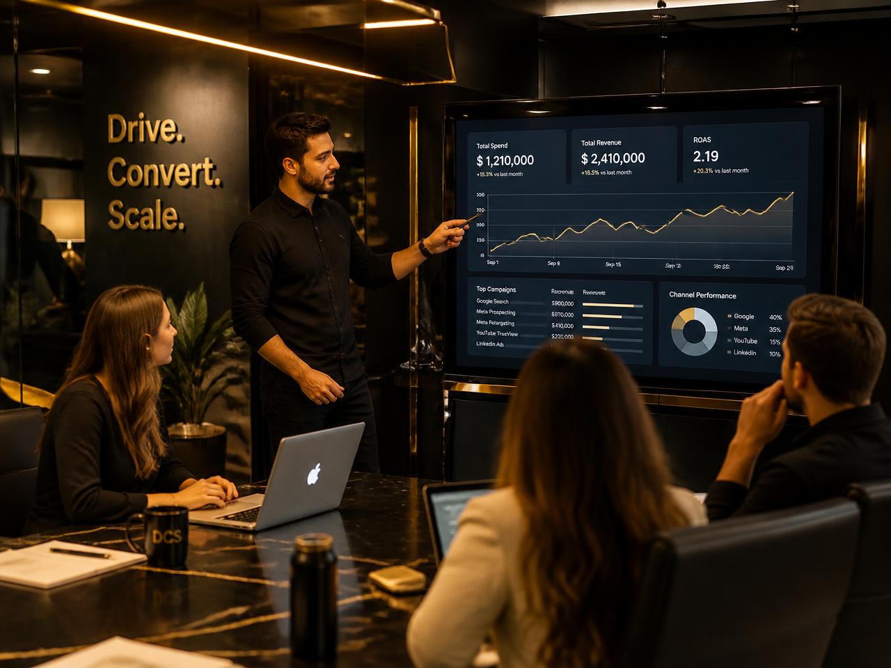 Marketing team reviewing advertising performance data